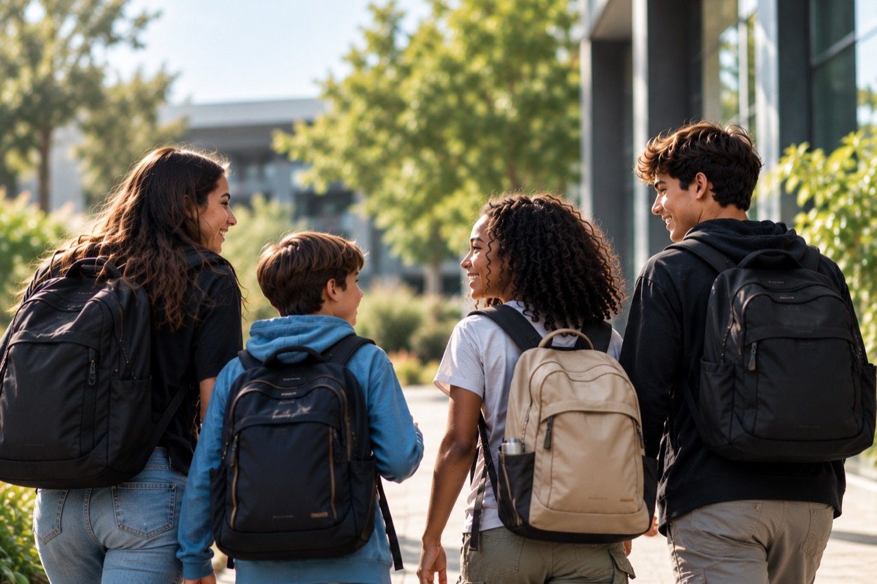 Quatro crianças e adolescentes de mochila caminhando juntos e conversando