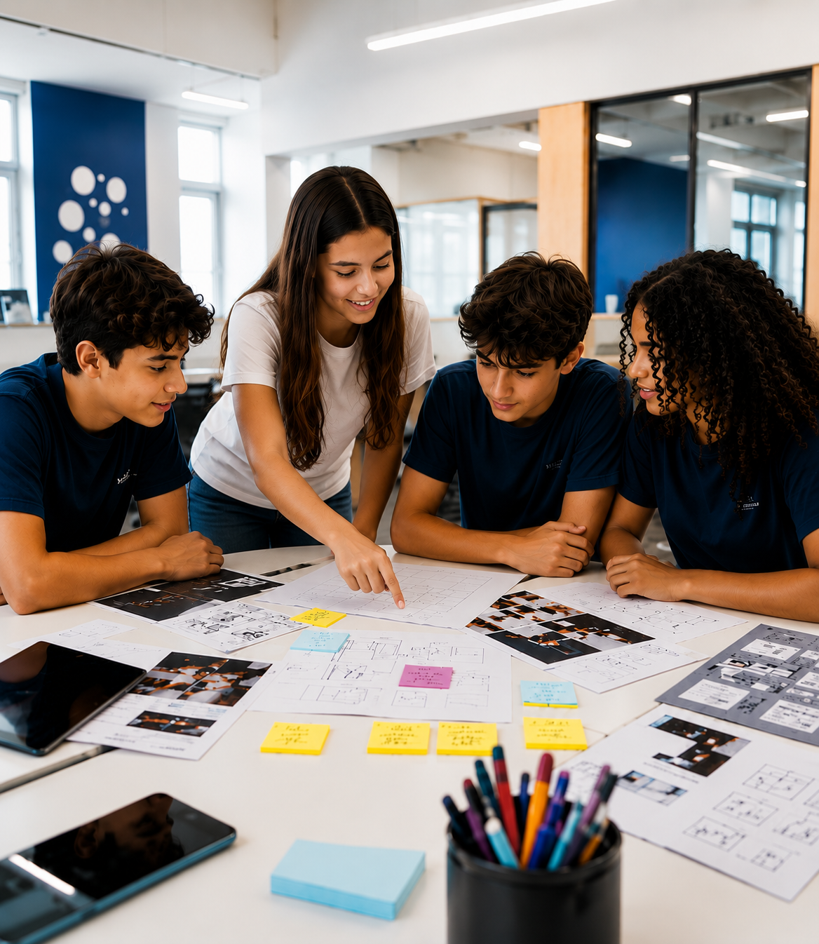 Estudantes participando de uma atividade criativa em grupo