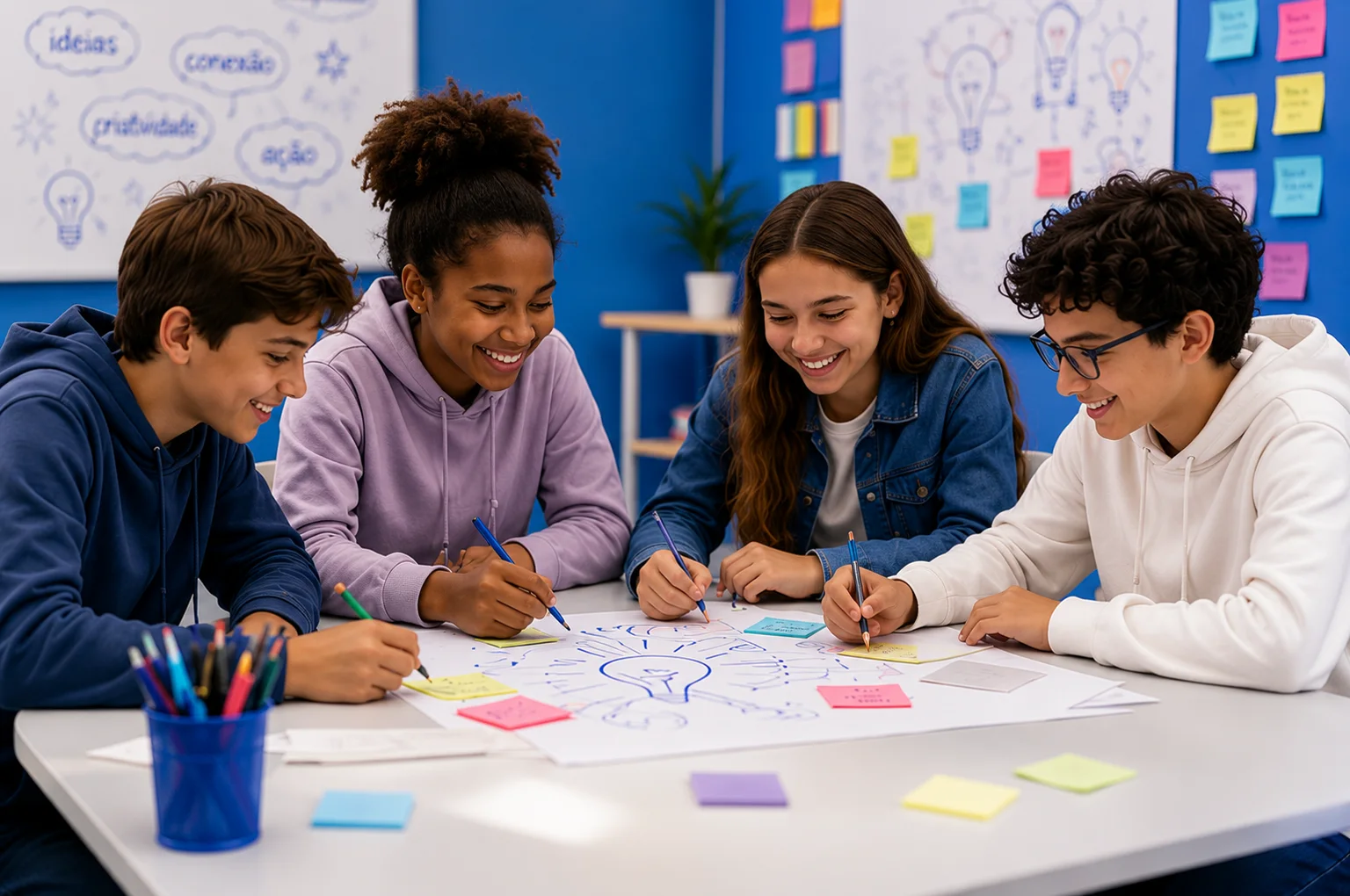 Adolescentes colaborando em uma atividade da metodologia ESTRELAS
