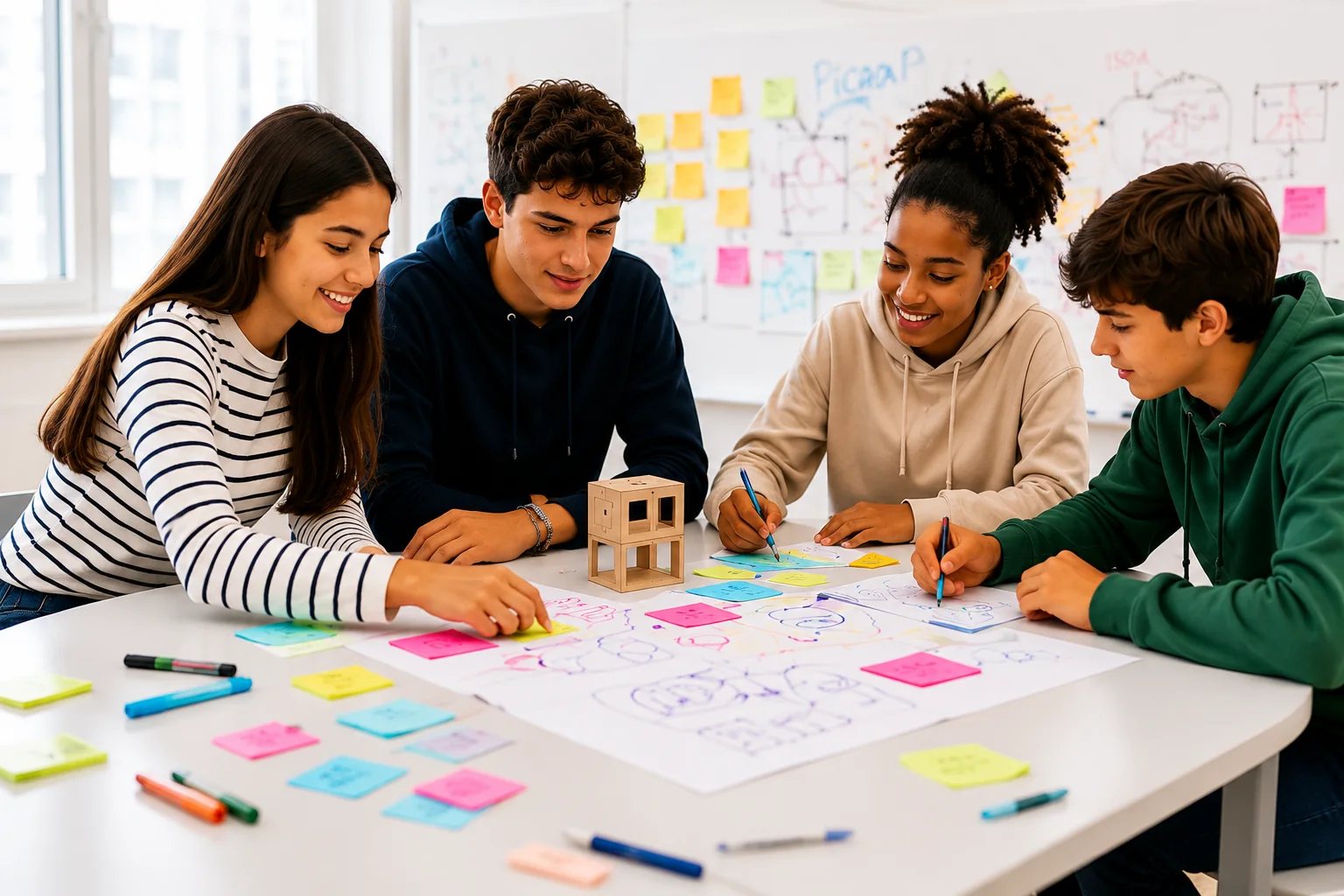 Estudantes desenvolvendo um projeto de aprendizagem criativa
